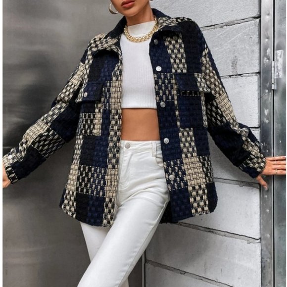 Navy Plaid Print Flap Pocket Oversized button front Casual Shacket jacket Coat - Picture 4 of 6